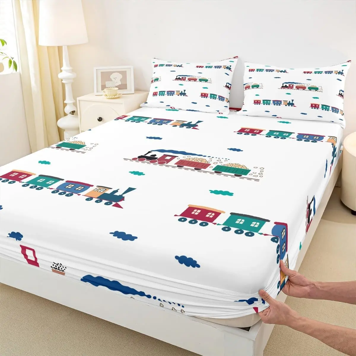 Cartoon Car Bedding Set Train Fitted Sheet Colorful Clouds Decor Bed Sheet White Microfiber Train Construction Rail Roads Deep Pocket Sheet Bedroom Decor