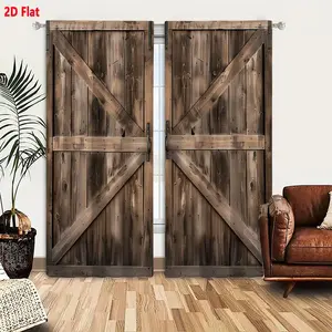 2D Flat Rustic Wooden Barn Style Curtain 2 Piece Set with X-Beam Design, Weathered Natural Wood Grain, Earthy Brown Gray Tone, Decorative for Countryside Home Windows, Industrial Traditional Aesthetic, Privacy Grommet Curtains