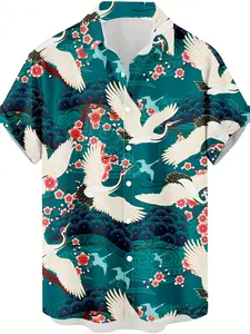 Men'S Casual Printed Graphic Shirt Featuring a Vintage 3D Print of White Cranes And Plum Blossoms, Stylish And Unique, Perfect for Hip-Hop Rock Streetwear, Hawaiian Style