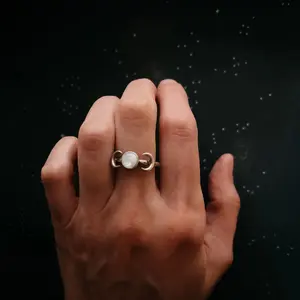 Lunar Crescent Moon Ring with Rainbow Moonstone