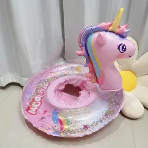 Inflatable Unicorn Pool Float with Rainbow Mane, Glitter Sequin & Star Print Swim Float with Built in Seat, Portable Water Float for Pool & Beach