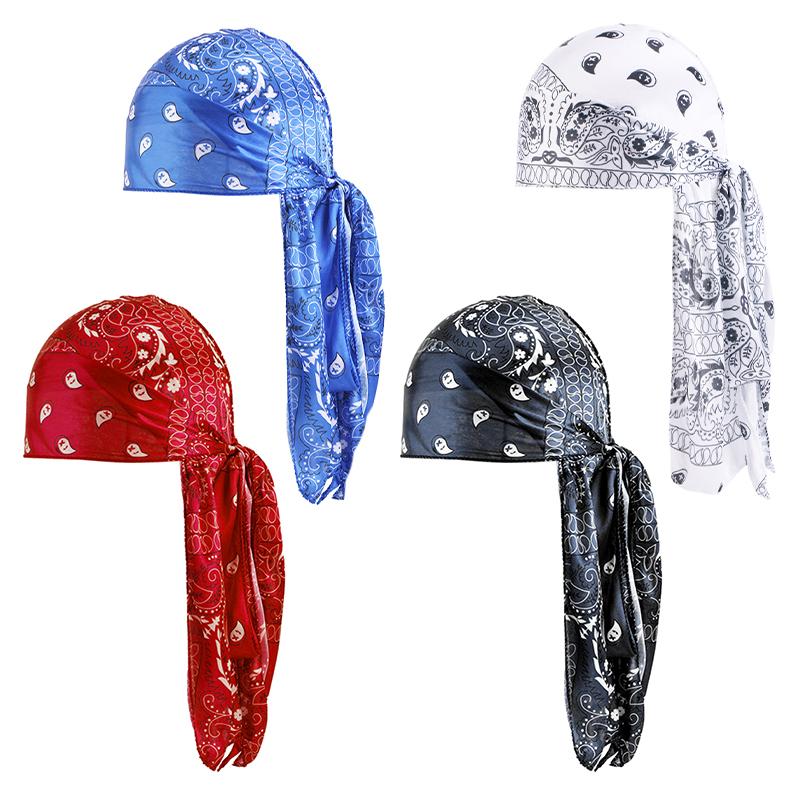 4pcs Men's Paisley Silky Durags Hiphop Head Wrap Du Rags Bandana Cap Pirate Hat Headband Long Tail Cap