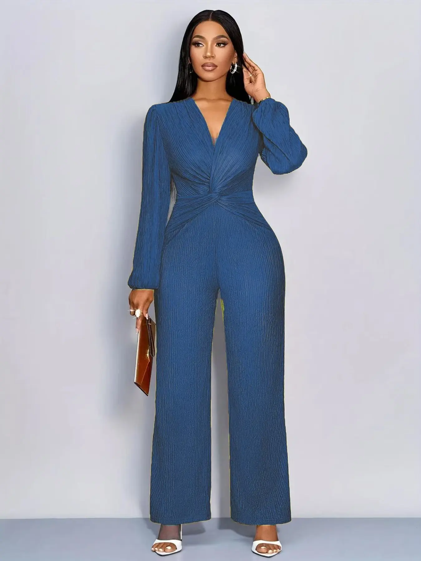 Elegant Deep V Knot Jumpsuit, Waist Cinching Design, Lantern Sleeve Wide Leg Pants, Casual Chic Style, Women's Fashion, Lady, Long Sleeve, Womenswear, Balloon, Elegance, Chic Jumpsuits