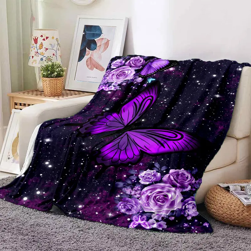 Starry Purple Butterfly Rose Blanket Galaxy Flower Flannel Fleece Throw Scandinavian Aesthetic Room Decor Soft Warm Plush Cozy Bedding Couch Sofa Living Bedroom