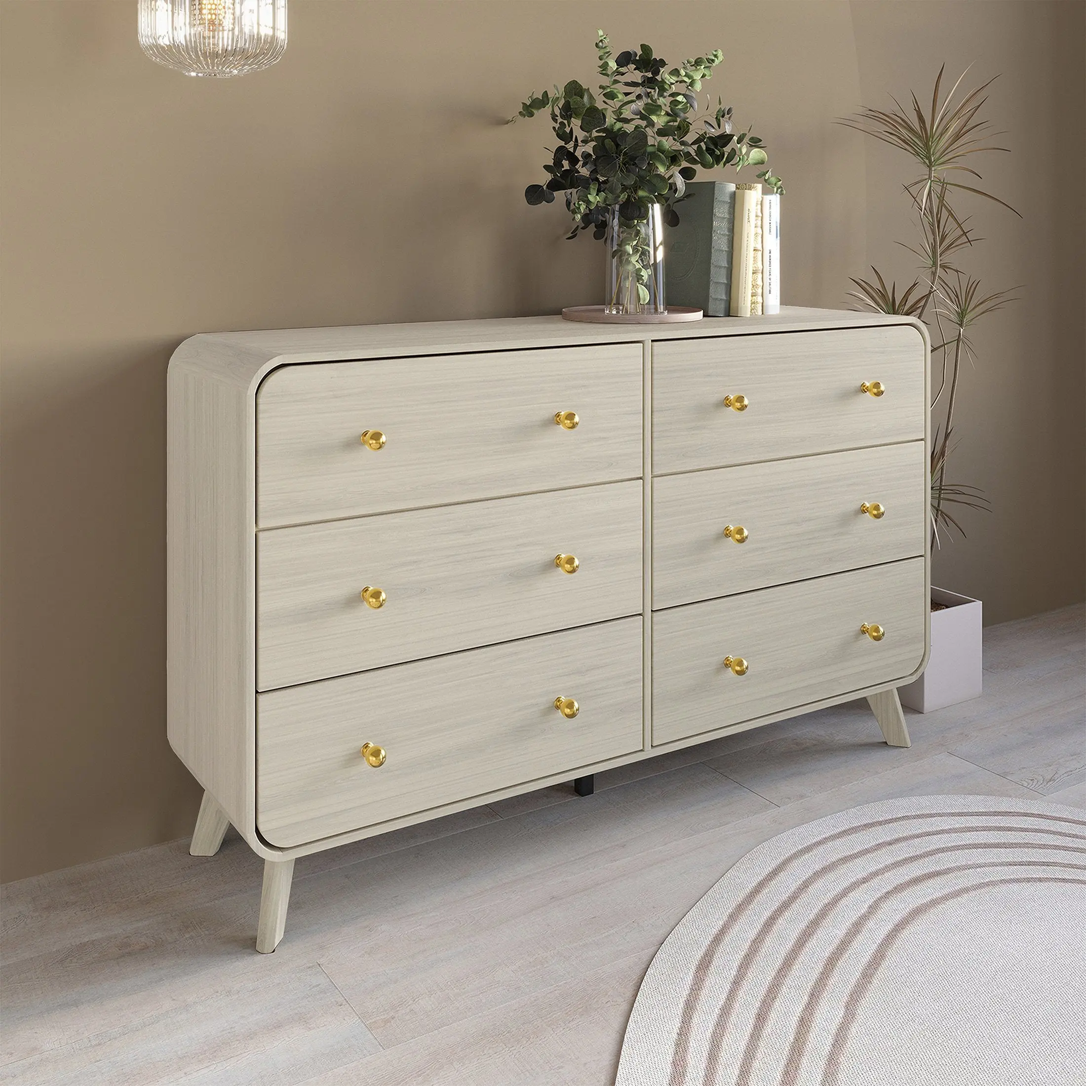 Castle Place Mid-Century 6 Drawer Wooden Dresser, Natural