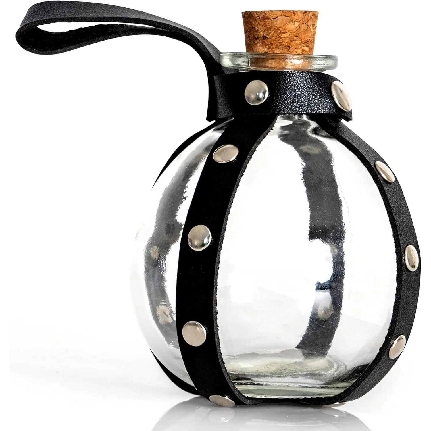 Halloween Prop Modern Dark Magic Potion Glass Bottle - Home Organizer Storage Jar with Cork Stopper, Faux Leather Harness, and Holster Loop