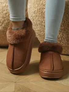 Women's Solid Color Contrast Faux Fur Slippers, Casual Soft Comfortable Thick-soled Home Slippers, Warm Slippers for Indoor & Outdoor Use for Fall & Winter