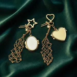 Keychain Lipstick Case Bag Accessory Mirror Mesh Holder Gold & Silver Y2K Style  Stainless Steel Heart & Star for Lipsticks & Lighters Cute Stylish Keychain for Women & Girls