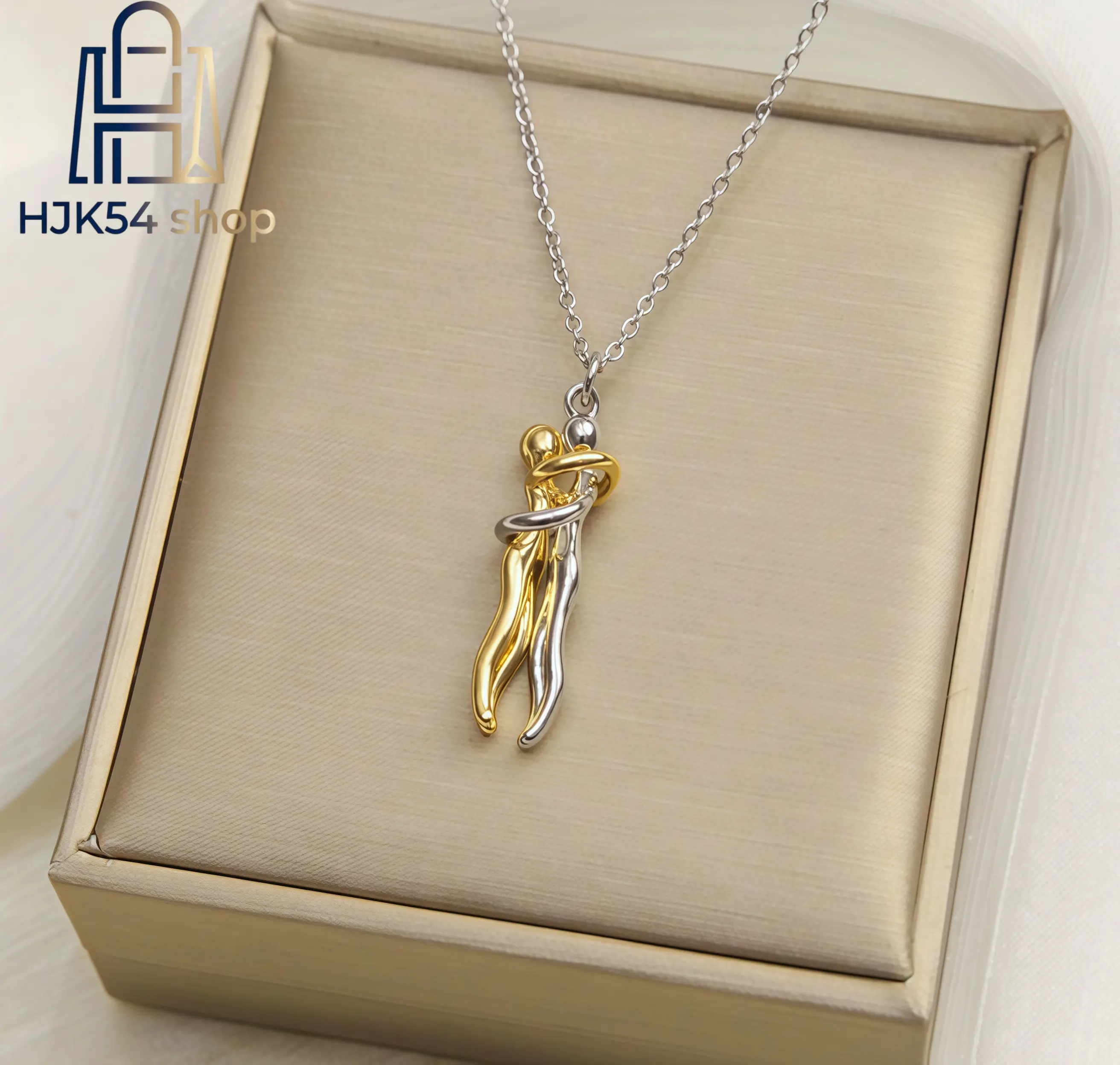 Hugging Couple Pendant Necklace, Two-Tone Gold Silver Plated Dainty Love Necklace, Minimalist Hug Jewelry for Women, Valentine's & Anniversary Gift for Her,summerwins