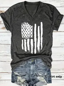 Women's American Flag Print V Neck Tee, Casual Streetwear Fashion Short Sleeve T-shirt for Summer, Ladies Clothes for Daily Wear, Top, Womenswear Fit