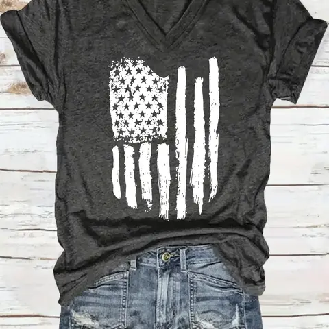 Women's American Flag Print V Neck Tee, Casual Streetwear Fashion Short Sleeve T-shirt for Summer, Ladies Clothes for Daily Wear, Top, Womenswear Fit