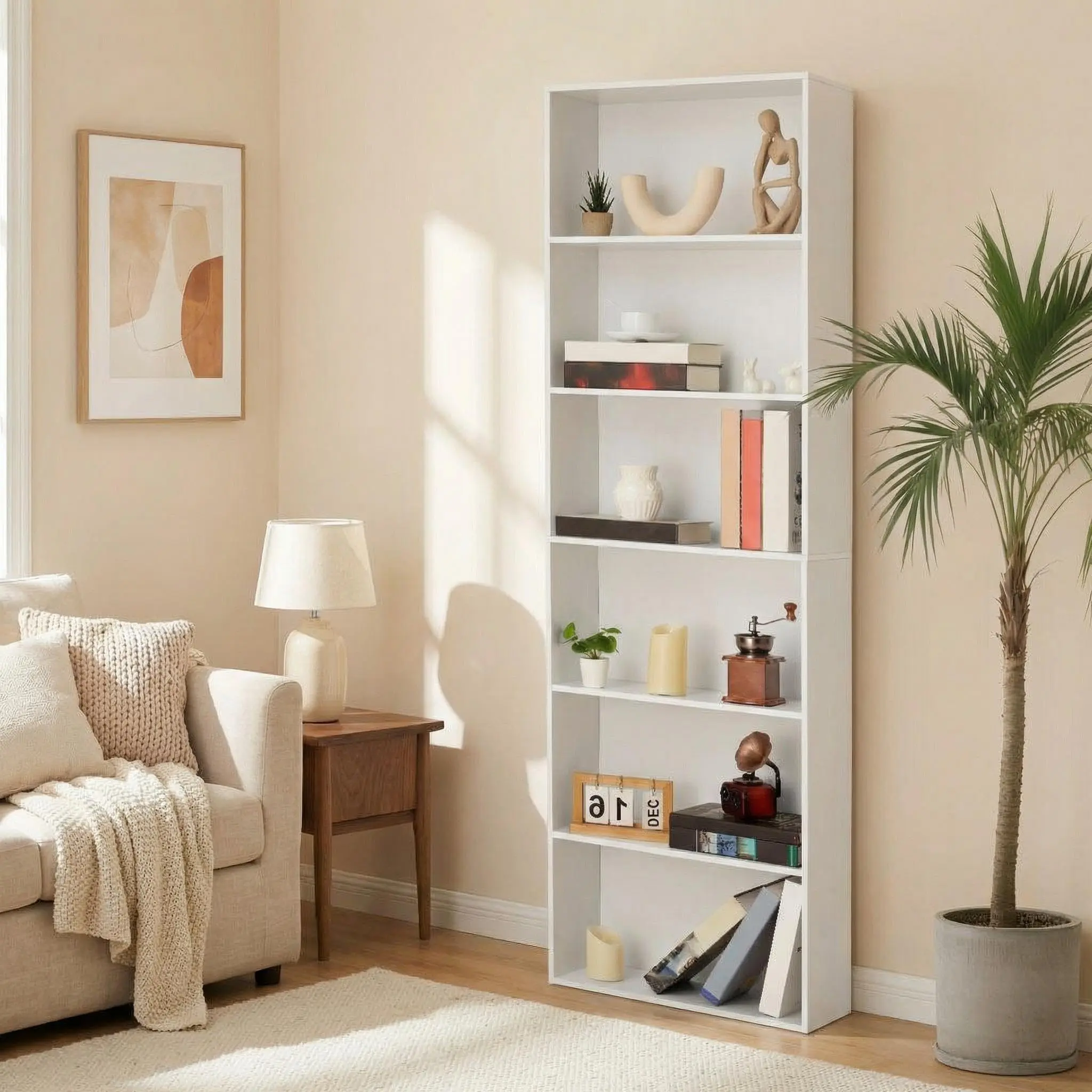 71.4" Tall 6-Tier Wood Bookcase, Slim Industrial Bookshelf with Anti-Tip Design