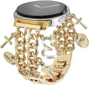 Metal Band Women Compatible with Samsung Galaxy Watch  mm/mm,Galaxy Watch  Classic mm,Stylish Cuban Chain Wristband with Cute Charms Pendants Bracelet