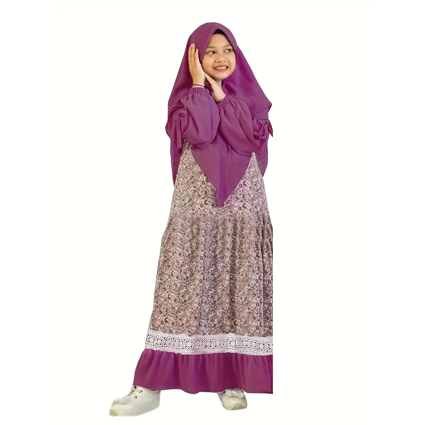 Four Seasons Muslim Traditional Middle Eastern Ethnic Clothing Set for Girls Long Sleeve Solid Color Floral Dress + Headscarf Two Piece Set