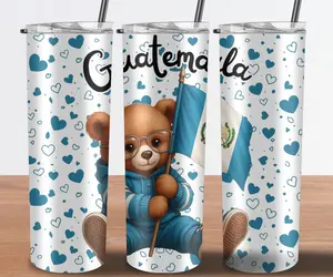 Guatemala Bear Tumbler 20oz – Cute Teddy with Flag, Heart Pattern,  Stainless Steel with Straw, Stylish Drinkware with Lid