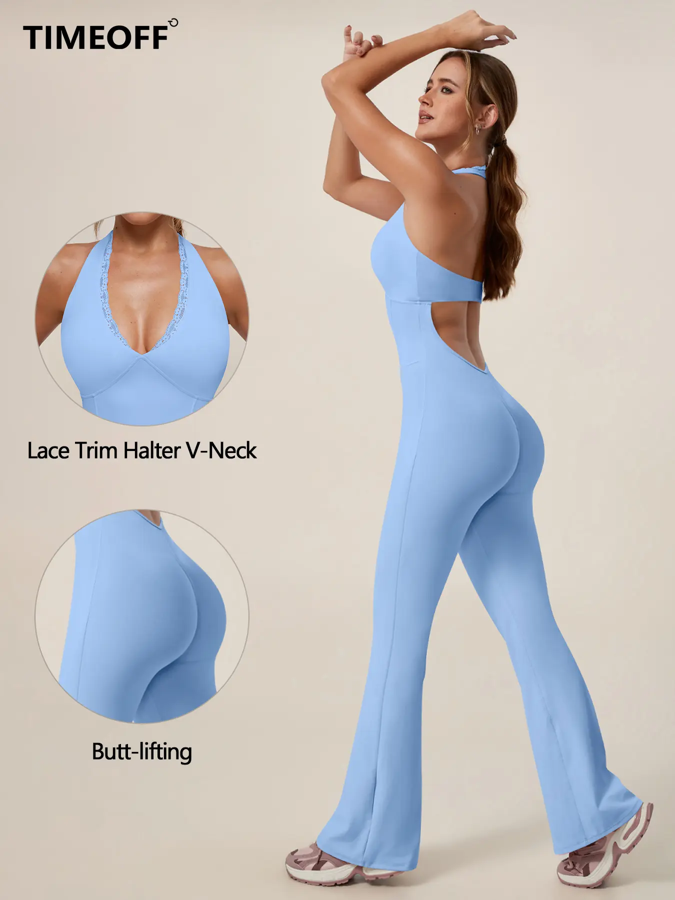TIMEOFF Women's Backless Halter Sporty Jumpsuit - Soft Stretch Moisture-Wicking Fabric, Athletic Activewear Clothing, Fitness Sport Outfits, Workout Jumpsuits for Yoga & Gym, Summer Women's Clothes