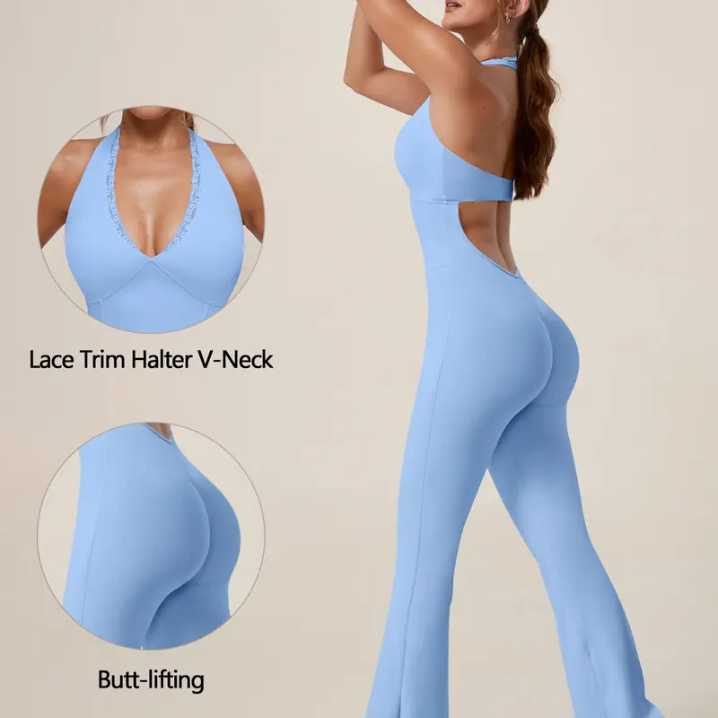TIMEOFF Women's Backless Halter Full-Length Backless Sports Jumpsuit - Soft Stretch Moisture-Wicking Fabric, Activewear Clothing for Yoga, Summer Gym Use,outdoorfun