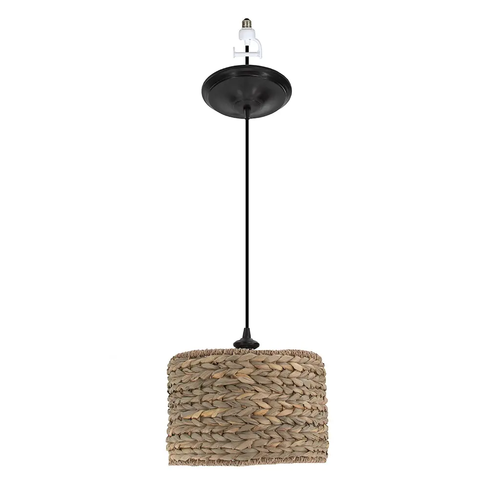 Brushed Bronze Instant Pendant Light - Recessed Can Conversion Kit with Woven Seagrass Drum Shade