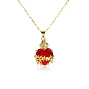 European and American Red Heart-Shaped Zircon Cross Pendant Necklace, Sacred Heart Necklace