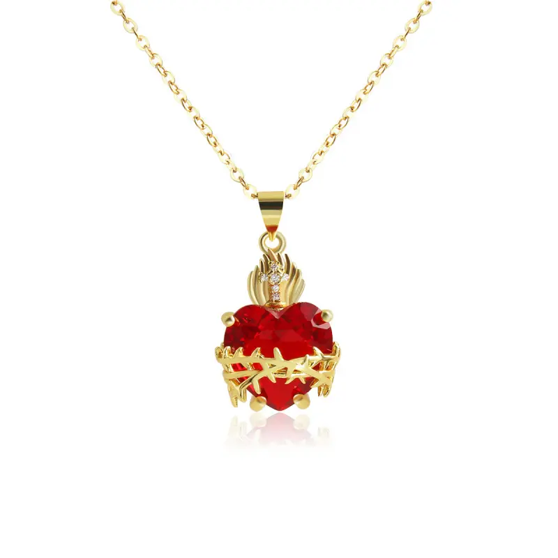 European and American Red Heart-Shaped Zircon Cross Pendant Necklace, Sacred Heart Necklace