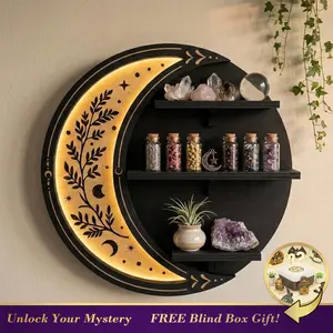 FNYDOX Wall Shelves for Bedroom, Crescent Moon Shelf with LED Light, Witchy Whimsical Celestial Room Decor Aesthetic, Moon Phase Shelf for Trinket Knick Knack Crystal Rock Gem Healing Stone Essential Oil