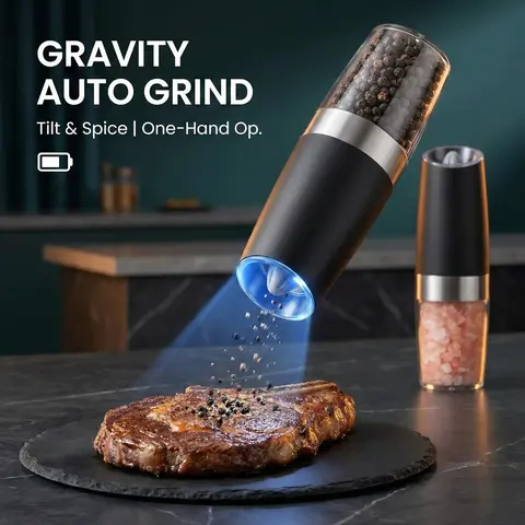MIUVA Seasoning Electric Salt and Pepper Grinder Set of 2, Automatic Battery-Powered with Adjustable Coarseness, LED Light, and One-Handed Operation, Perfect for Summer Kitchens and Gifts Thanksgiving cooking utensils Christmas Gift