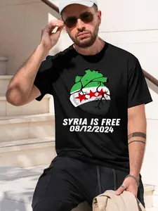 SYRIA IS FREE 2026 new model Black/White Tee Stylish & Comfortable Loose Crew Neck Short Sleeve T-shirts Versatile On Trend Eye Catching Printed Graphic Casual Tee for Daily Wear Outings & Leisur