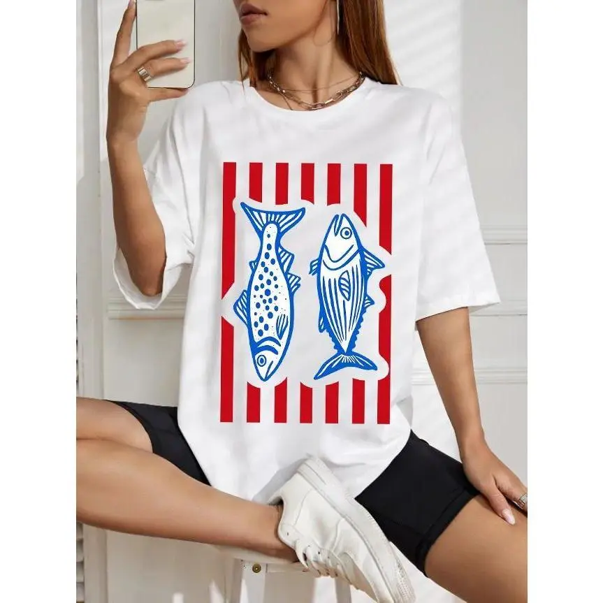Women's pure cotton sardine print T-shirt, made of comfortable and soft fabric, suitable for everyday wear and food lovers. Casual StreetwearUnisex Crew neck T-shirt for Men And Women,All-Season Comfort,Heavyweight 100% Cotton