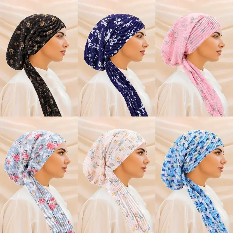 2025 New Crinkle Women Floral Printed Elastic Muslim Turban Hijab Cancer Head Scarf Chemo Hair Loss Hat Pre-Tied Headwear Bandan