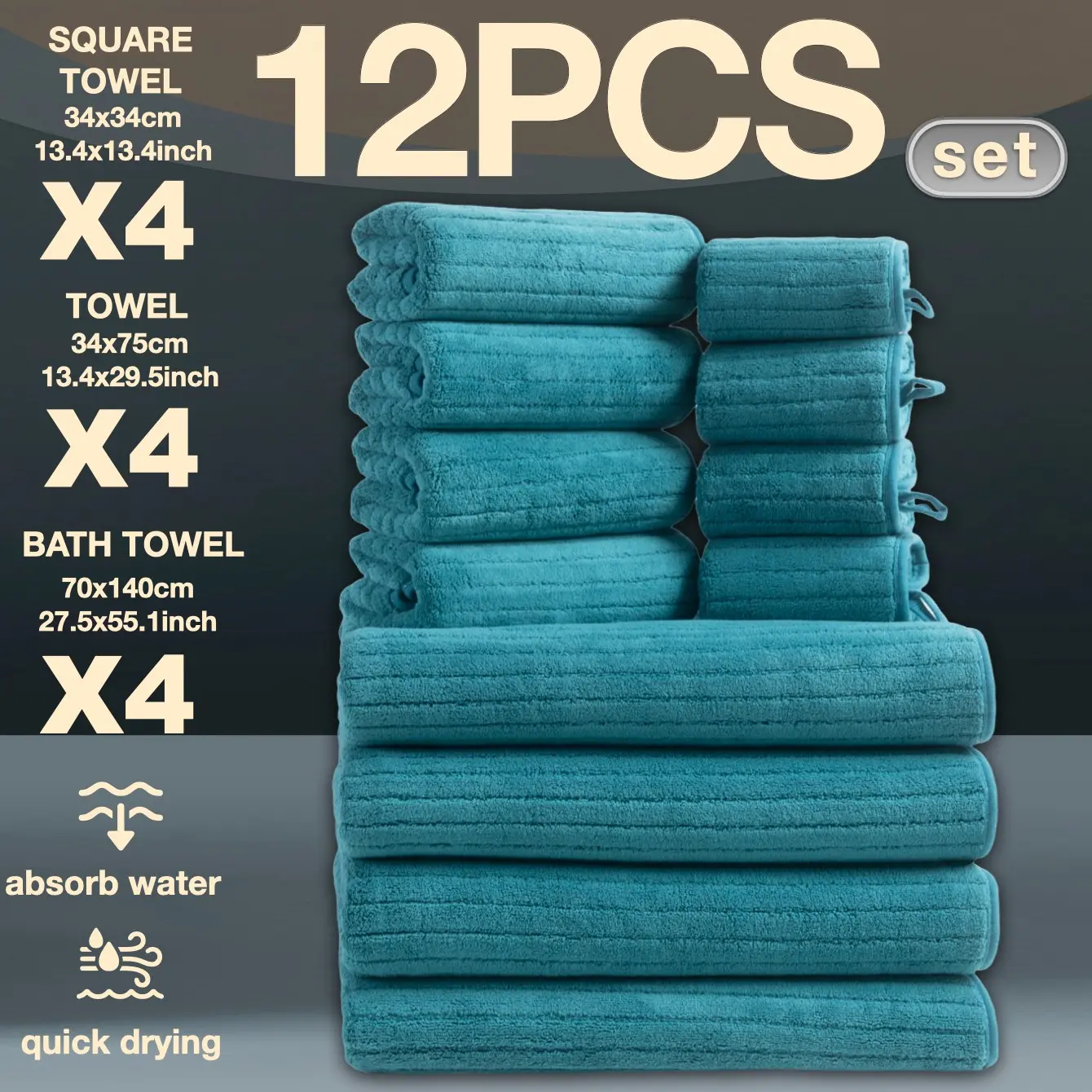 12-Piece Luxury Bathroom Set, High-Density Microfiber Towels, Premium Bath Towels, Absorbent Thickened Towels, Quick-Dry, Soft, Durable, Hotel-Quality, Ideal for Home, School, Gym, Spa, Quick Drying Towels, Super Absorbent Towels