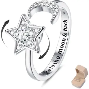 ZELORES 1 Pc 925 Sterling Silver Anxiety Fidget Ring for Women Girls Rotatable Spinner Moon Star CZ Stress Relief Open Ring with Box Moissanite Ring Unique Rings