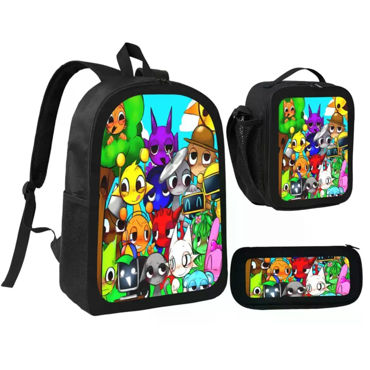 SPRUNKI Cartoon Backpack 3-Piece Set – School Bag, Pencil Case & Insulated Lunch Bag Included – Lightweight Polyester, Ideal for Daily Use, Zoo Trips, Park Outings & Holidays