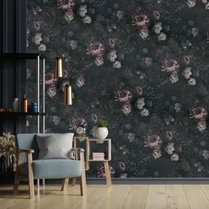 VEELIKE 17.7''x118'' Vintage Dark Floral Peel and Stick Wallpaper Boho Peony Wall Mural Removable Self Adhesive Prepasted Decorative Black Floral Wallpaper for Bedroom Bathroom Walls Cabinets Shelves