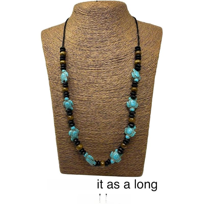 Turquoise Howlite Sea Turtle Beaded Necklace with Black & Brown Wooden Beads Adjustable Cord 14-24 Inches Unisex Bohemian Style Jewelry