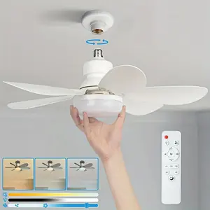 Solar Powered Ceiling Fan Light, E27/E26 Base Small Ceiling Fan Light with Remote Control, Dimmable Ceiling Fan Light for Garage Bathroom Bedroom Kitchen, Lighting Modes Adjustable