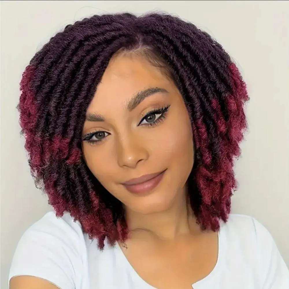 Burgundy Ombre Twist Out Wig, Afro Curly Synthetic Dreads with Kinky Texture, Side Part and Full Coverage Wig for Black Women and Afro Hair Types, Synthetic Curly Wigs, Synthetic Twists Wigs