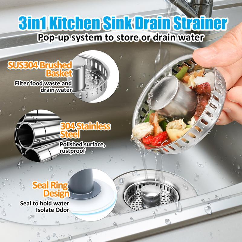 Multi-Functional Stainless Steel Sink Drain Strainer, 3-in-1 Pop-Up Basket and Stopper Combo, Anti-Clogging and Deodorizing, Compatible with US Standard 3-1/2 Inch Drain Pipes for Kitchen Use