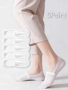 Women's Boat Socks Summer Thin Lightweight Low-Cut Invisible Non-Slip Breathable Mesh Ice Silk Socks, 5 Pairs Sock Set Lady Casual Basic Loose-Fitting