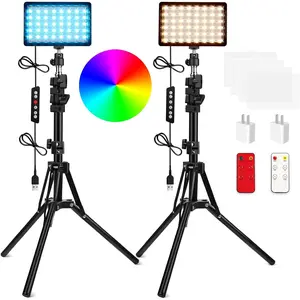 2 Packs RGB LED Video Light with Adjustable Tripod Stand/White Filters, Dimmable 2500-6500K USB Video Conference Lighting Kit for  Photography/Game Zoom Live, Streaming,, 1.6M