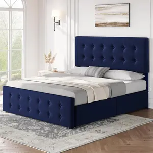 【Christmas Gift】Full Size Bed Frame with 4 Storage Drawers and Headboard Velvet Upholstered Platform Bed Frame with Wooden Slats Support Button Tufted Design No Box Spring Needed Black