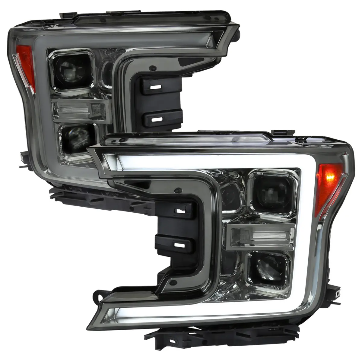 2018-2020 Ford F-150 LED C-Bar Projector Headlights w/ Switchback Sequential Turn Signal Lights (Chrome Housing / Smoked Lens)