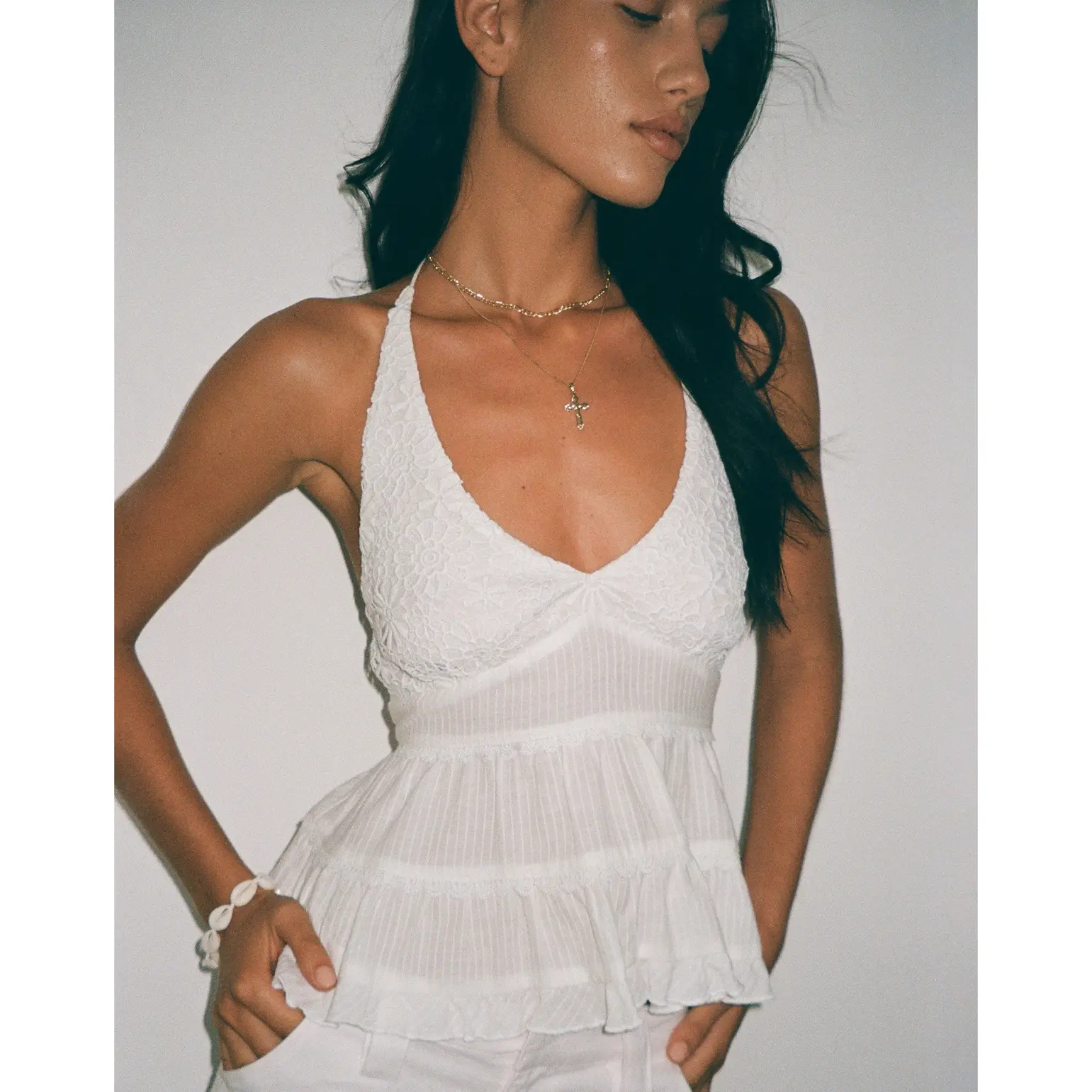 Juanita Frill Halterneck Top in Crochet White
