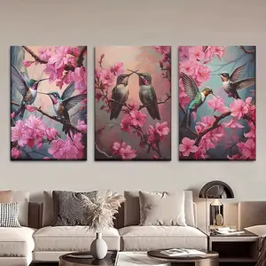 3pcs/set frameless canvas painting of hummingbirds and pink flowers, posters and prints, for living room, library, office, café, bar, decoration