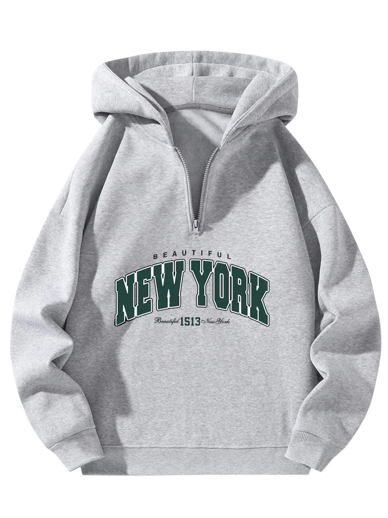 New York Graphic Sweatshirts for Men & Women, Streetwear Heavyweight Half-Zip Longsleeves, Loose-Fit Pullover Hoodie, Menswear, Apparel, Casual, Fabric, Heavyweight Fleece Hoodie, Zipper, Thick, Graphic Hoodie, New York Print Grey Outdoor