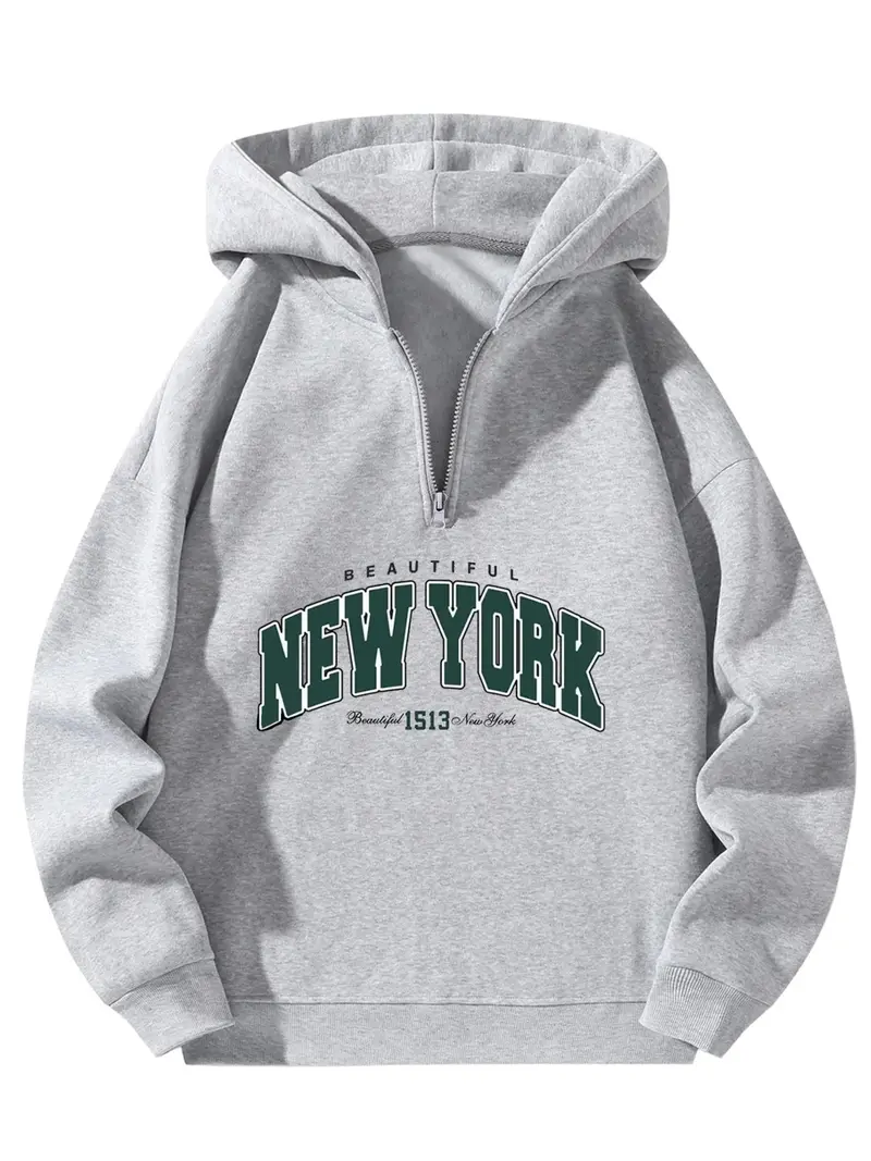 New York Pattern Regular Unisex Half Zip Pullover Hoodie Casual Sports Style for Men & Women, Loose Fit, Long Sleeve, Comfortable for Daily Wear, Exercise, Travel & Leisure, Bold Lettering, Thick Fabric, Menswear, Apparel Outdoor Sweatshirts Grey Zipper