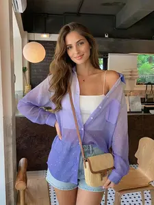 Women's Long Sleeve Loose-Fitting Shirt, Gradient Mesh Fabric Design, Perfect for Summer Beachwear & Daily Wear, Y2K Style