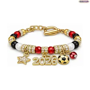 Adjustable Gold Football Bracelet, Sports Fan Jewelry with Sparkling Diamond Star Pendant, Fashion Football Charm Bracelet for Game Day, Football Season & Gift for Football Lovers