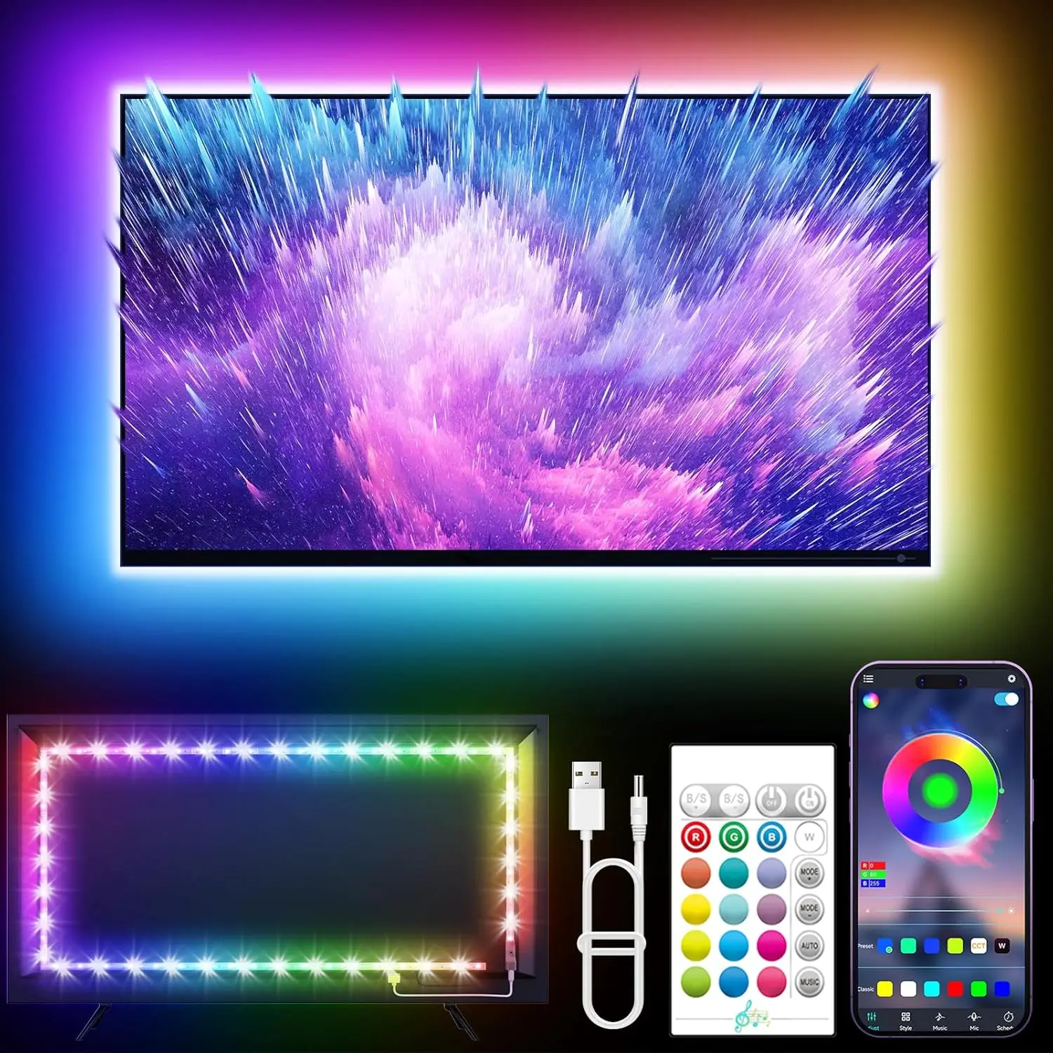 RGB LED TV Backlight Strip Lights, 16.4ft USB Powered with Music Sync Remote Control, Easy Installation, Sync with Music Dynamic Glow for Bedroom Gaming Indoor Use [New Deal]