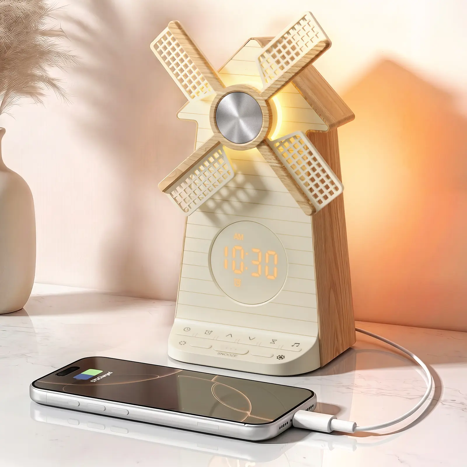 Rotating Windmill Lamp With Alarm Clock, Front and Rear Lights, White Noise Machine, Room decor, Summer Vibes Decor