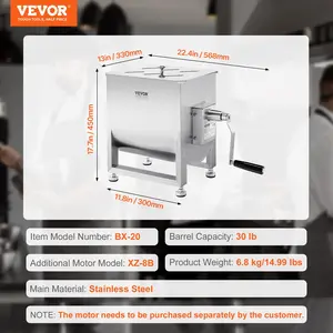 VEVOR Manual Meat Mixer, 20L Fixed Tank Meat Processing Equipment(Mixing Max 30LBS for Meat), Stainless Steel Meat Mixer, Sausage Mixer Machine with Lid Handle Gear Reducer, Ground Beef Hand Mixer